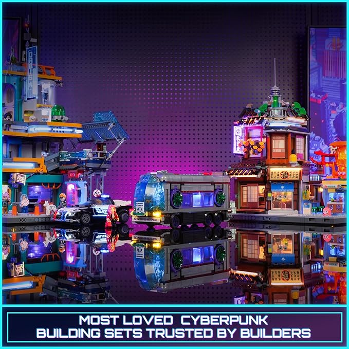 Cyberpunk Future-Bus Lighting-Building-Bricks Set - Cyberpunk City Future Vehicle Collection LED Light 2in1 Car Model Display Set 605 Pcs for Adults and Sci-fi Lovers