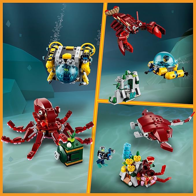 LEGO Creator 3 in 1 Sunken Treasure Mission Submarine Toy Underwater Creatures Transform from Octopus tp Lobster to Manta Ray Fun Sea Animal Figures 31130