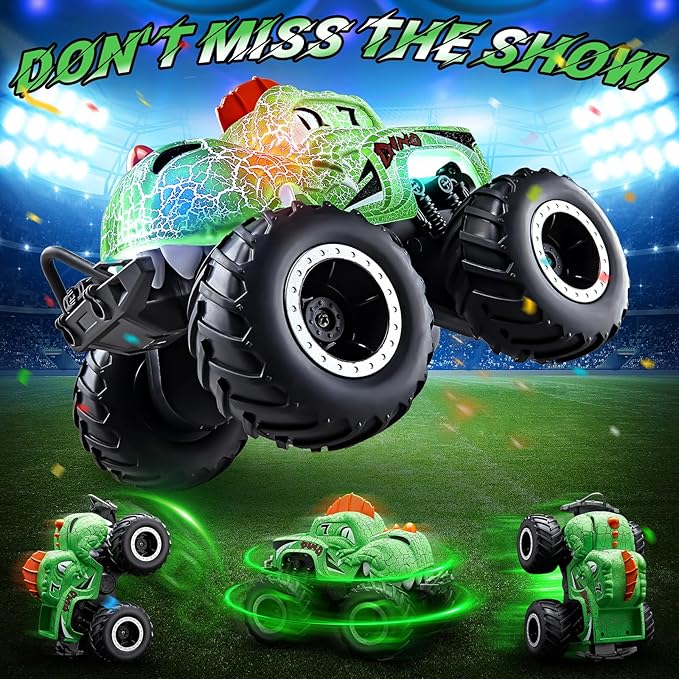 Monster Truck Toys 1:20 Waterproof Dinosaur Monster Trucks for Boys Age 4-7 2.4GHz All Terrain RC Cars with 2 Batteries 360° Rotating Stunt RC Car Toy Birthday Gift for Kids 3-5