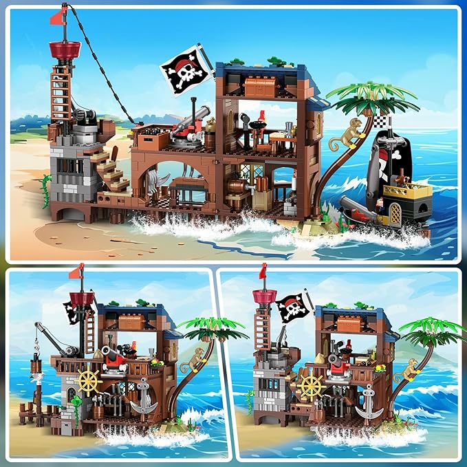HOGOKIDS Pirate Ship House Building Set with LED Light - 3 Style Modes Pirate Wharf Supply Center Building Block Set 781PCS STEM Bricks Kit for Kids Girls Boys Ages 6-12+ Valentines Gifts
