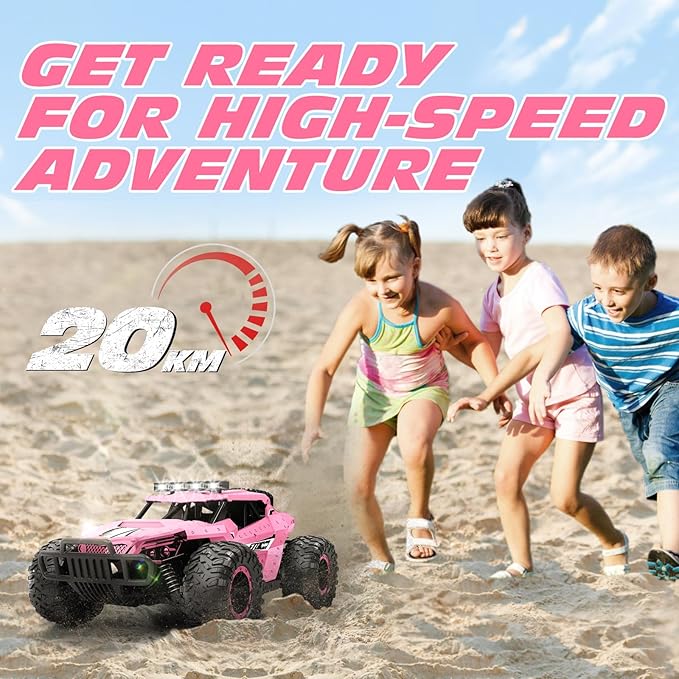Tecnock Pink RC Car 1/16 Scale Remote Control Car for Girls High Speed 20 Km/h All Terrains Rc Monster Truck with Two Rechargeable Batteries &amp Head Chassis Lights Gift Toy for Kids Adults