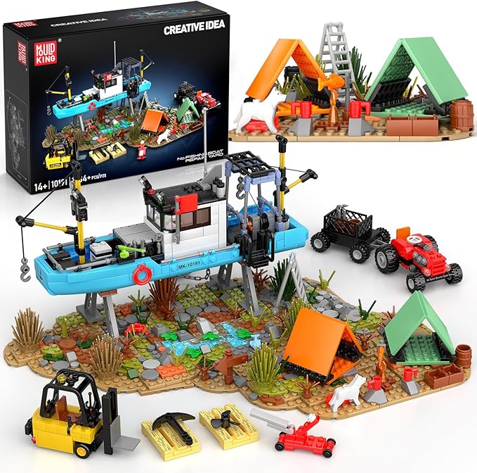 Mould King Seaside City Fishing Boat Building Set Creative Repair Yard with Ship Forklift and Camp DIY Construction Model Kit Idea Gift for Adults &amp Teens 14+ (1234PCS)