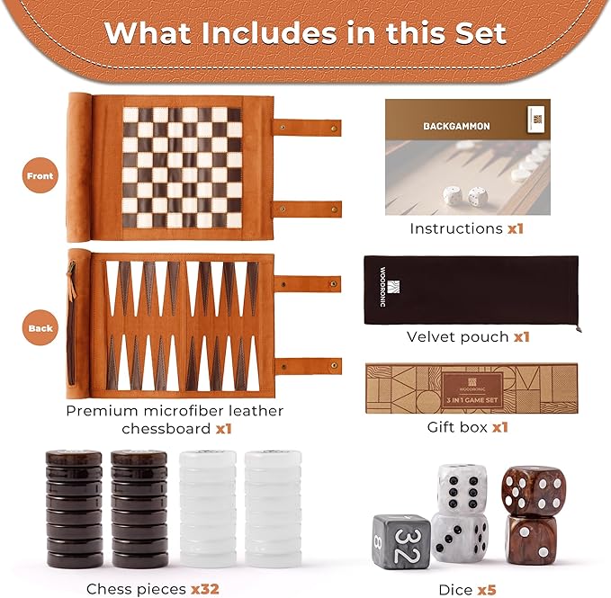 Woodronic 3 in 1 Travel Chess Backgammon Checkers Set Roll-up Leather Backgammon Set with 32 Premium Pearl Pieces and 5 Dices Portable Travel Chess Board Game Set for Adult13x10 Kinch