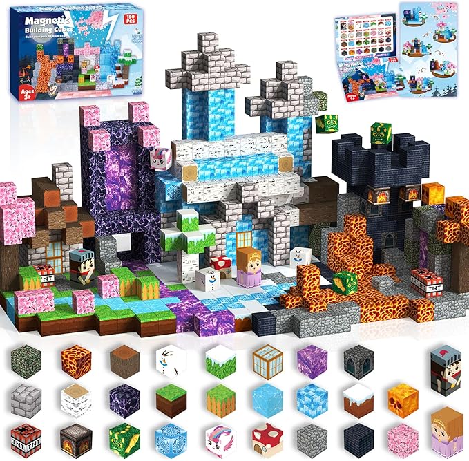 Magnetic Blocks-150PCS Magnetic Building Blocks Magnet Cubes Stacking Dark Forest Glacier Castle STEM Montessori Sensory Toys for Kids Boys Girls Ages 4-8 Holiday Birthday Easter Gifts