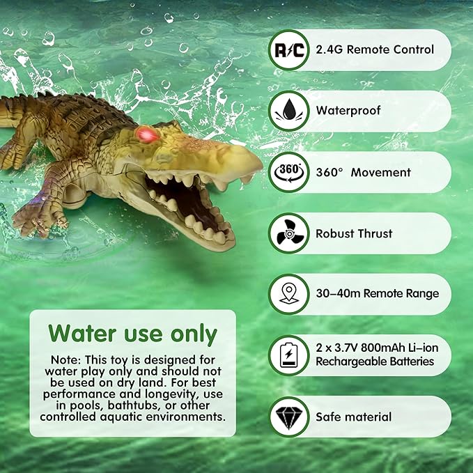 Remote Control Boat Crocodile Water Toy for Kids 3-5 5-7 10-12 RC Alligator for Boys 4-6 6-8 Top Summer Swimming Pool/Lake Toys for Kids Ages 8-12 (Water Operation ONLY - Brown)