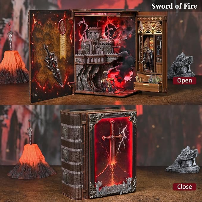 Magic Book Nook Building Set with Lights DIY Booknook Building Model Kit for Home Bookshelf Decor Miniature House Building for Adults Teens (The Sword of Fire)
