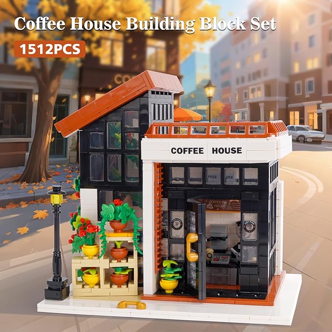 City Coffee House Building Blocks Set Openable Architecture Model Building Blocks Street View Modern Building Construction Toy 1512 PCS