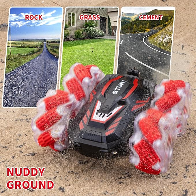 RC Stunt Car Double-Sided 360° Flips 4WD 2.4 GHz Gesture Sensing RC Cars with Cool Lights and Music for Boys Aged 6-12 Great Birthday Presents Toy Cars (Red)