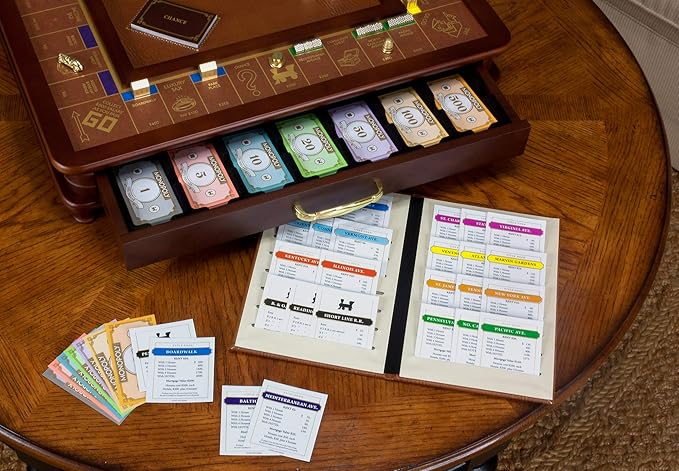 Monopoly Luxury Edition by WS Game Company Burl Wood Cabinet with Gold Foil Stamped Game Board Faux Leather Rolling Area and 2 Storage Drawers Premium Board Games for 2-6 Players