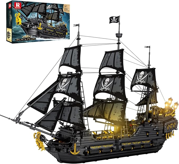 Reobrix Pirate Ship Building Set with LED LightsLarge Black Pearl Ship Model 66036Pirate Ship Sailboat ToyHalloween Home Decor Birthday GiftsModel Kits for Adult Boys Girls 14+（4304 PCS）