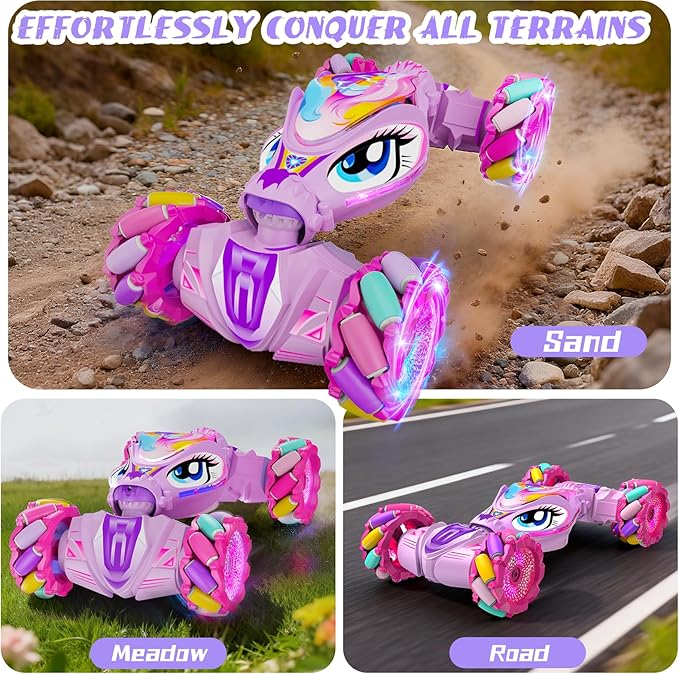 Unicorn Remote Control Car for Girls Age 6-8-12 Pink RC Gesture Sensing Stunt Cars 2.4Ghz 4WD RC Cars Hand Controlled Remote Control Twist Car with Light &amp Music Gift for Kids Age 6 7 8 9 10 11