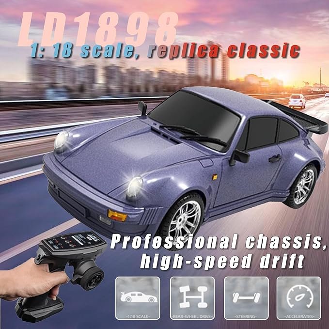 LD1898 1/18 RC Drift Car GTR R34 2.4GHz RWD with Gyroscope on-Road Alloy Body Shell Racing Cars Radio Control (Purple)