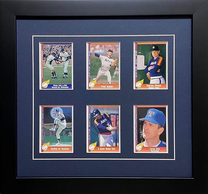 Trading Card Frame for 6 Standard Trading Cards Black Frame with Matting and Card Mounts (Navy Blue White Trim Mat - Black Frame)