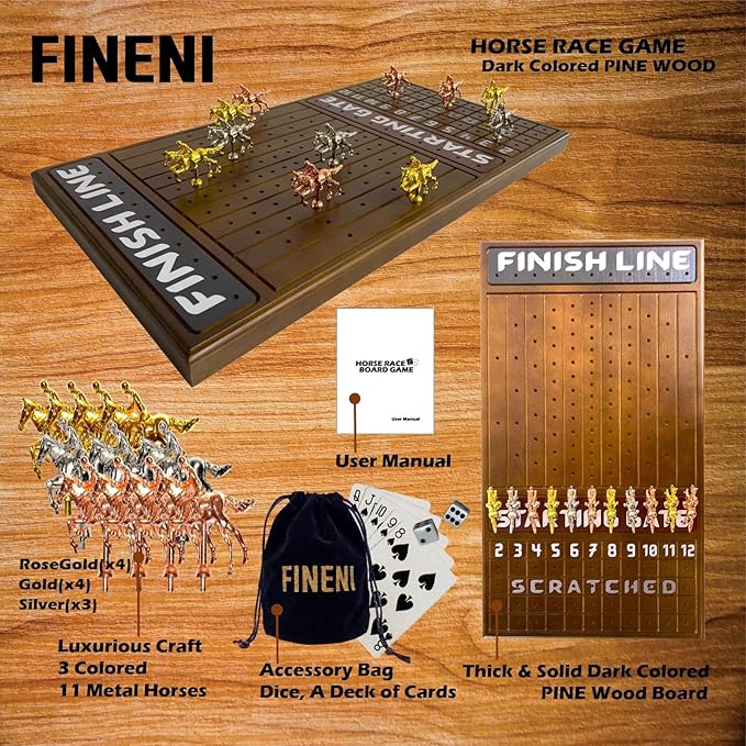 Horse Racing Game for Adults Horse Race Board Game with 11 Luxurious Metal Horses (Silver Black Rose Gold) 22” Dark Pine Wood Horse Race Game Board Dice &amp Card Included (Dark Color)