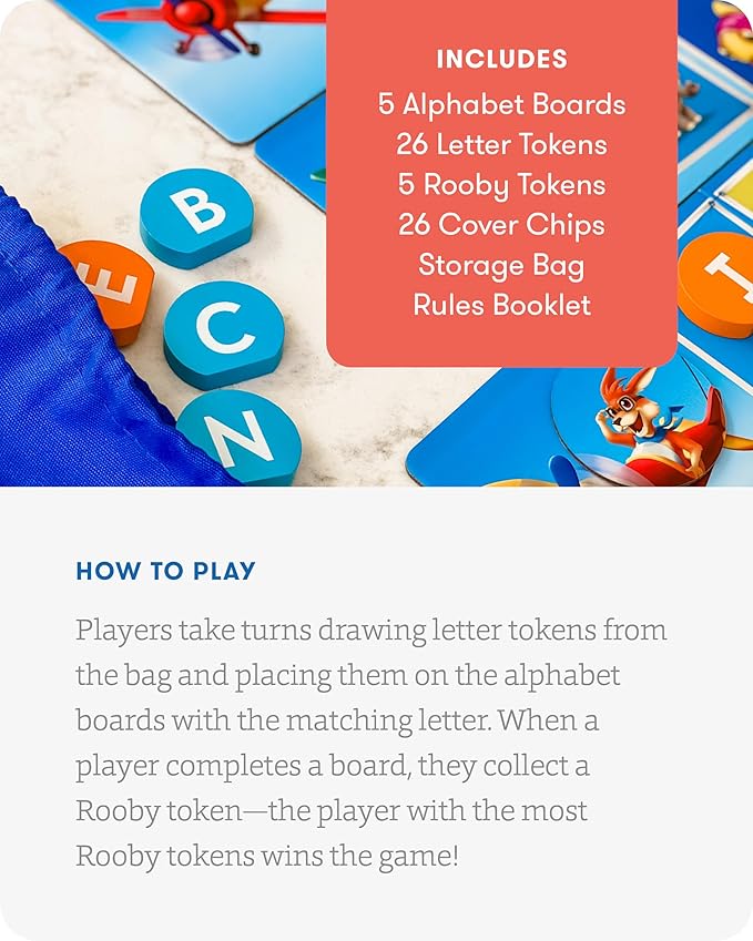 SimplyFun Rooby’s ABC’s - Pre-K Alphabet Game - Letter Recognition Game for Kids - Learn Both Uppercase and Lowercase Letters - 1 to 4 Players Ages 3 &amp Up