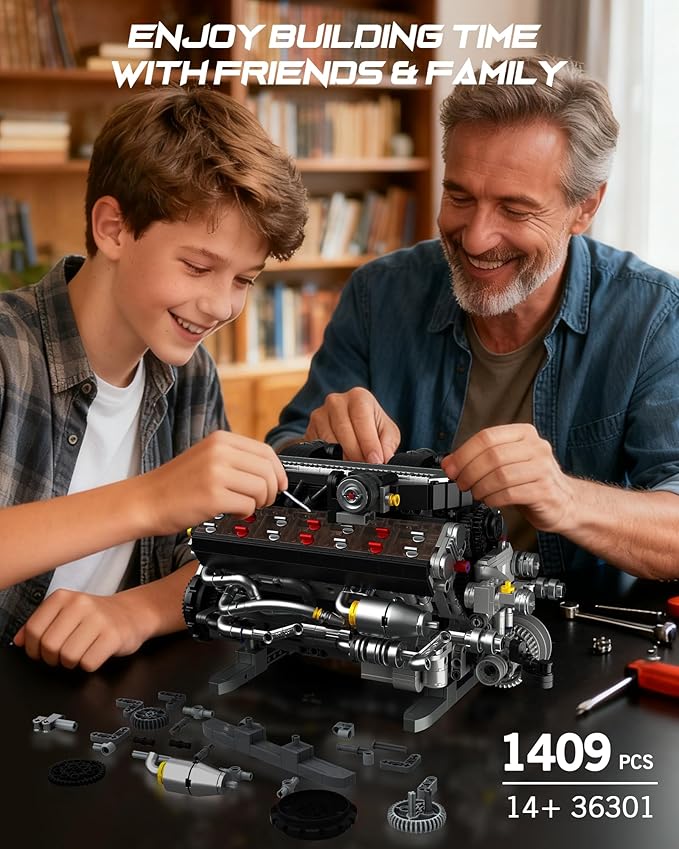 V12 Engine Building Set for Adults and Teens 14+ 1409 PCS Motorized Mechanical Engineering Model Kit That Runs MOC Engine Toy with Battery Box and Motor Compatible with Lego STEM Gift for Men