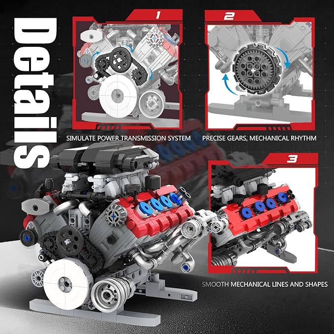 V8 Engine Building Set Model Kit for Adults Build Your Own MOC Mini V8 Engine Model Toy with Motor Display Home Office Decor Ideal Gift 1189PCS