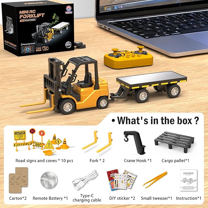 1/64 RC Forklift Toy 3 in 1 Mini Forklift Remote Control &amp App Remote Control Forklift with Trailer &amp Fork &amp Hook 10CH Alloy RC Construction Vehicles Desktop Toy for Adults Kids Boys Gi