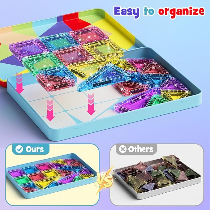 42 Pcs Mini Travel Glitter Magnetic Tiles Magnetic Block Set with Storage Box - STEM Educational Sensory Preschool Building Toy for Toddlers Ideal Kids Gifts for Ages 2 3 4 5 6