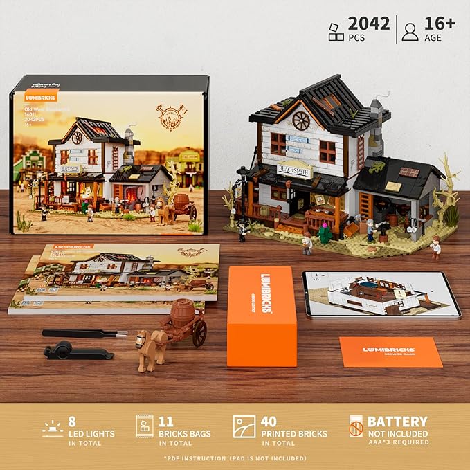 Wild West Blacksmith Lighting Building-Bricks Set - Western Forge House 2042 Pcs Collection Display Set for West Lovers