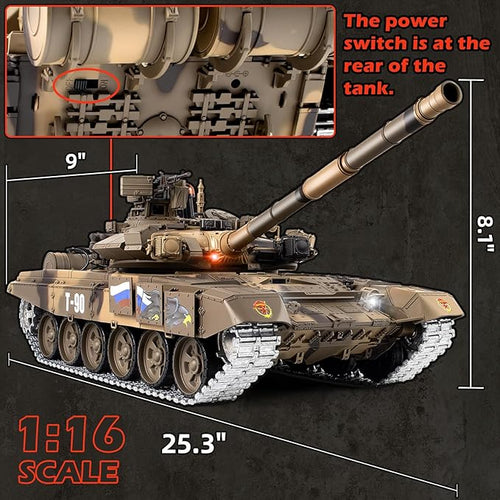 1/16 RC Tank Heng Long Russian T90 Army Toy with Smoke Sound and Lights 2.4G Remote Control Tank That Shoots with Upgraded Metal Tracks Idler and Sprocket Wheel Steel Gearbox Batteries*2