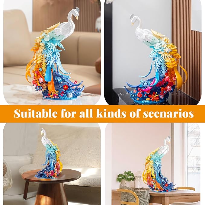 Peacock Building Sets Animal with Flowers Art and Light for Girls Women Adults Home Decor Collection