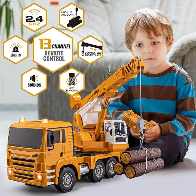 13 Channel RC Crane Truck 2.4G Remote Control Crane Toy Construction Vehicles with Lights Sounds Hook Up and Down 1:18 Large RC Truck Car for Kids Boys 16.5
