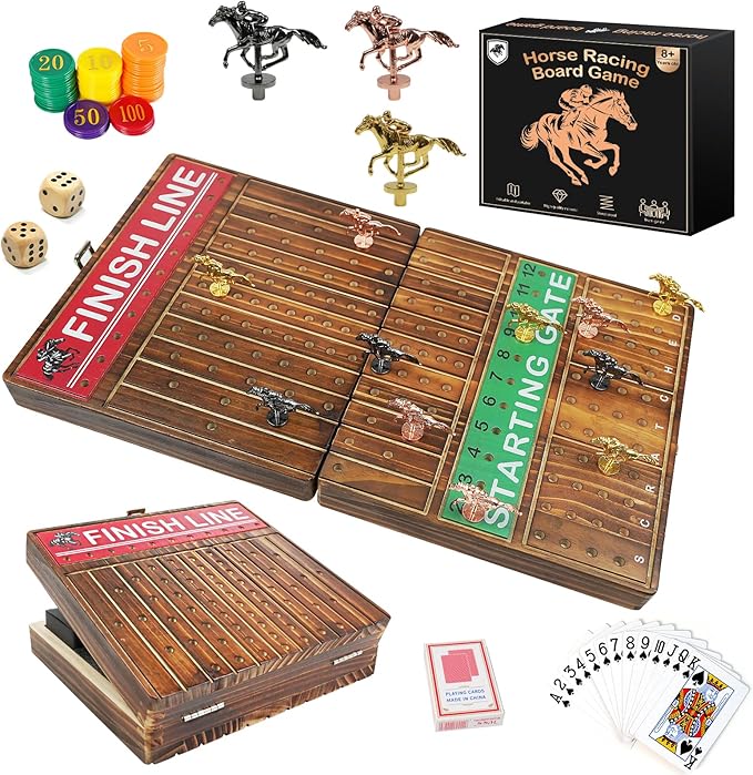 FUNNYB&ampG 21 inches Horse Race Board Game Foldable Large Horse Racing Game for Adults with 11 Metal Horses Solid Wood 60 Pcs Poker Chips 2 Dice 1 Pack of Cards for Family Tabletop Parties(Brown)
