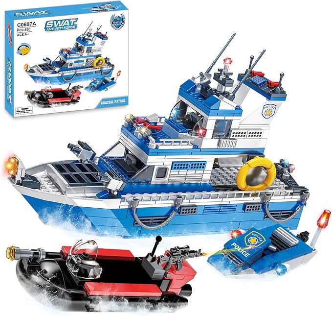 Police Boat Building Set 480 Pcs City Boat STEM Building Toy Including Kayaks and Police Speedboats Toy Christmas Birthday Gift for Kids Boys Girls 6 7 8 9 10+