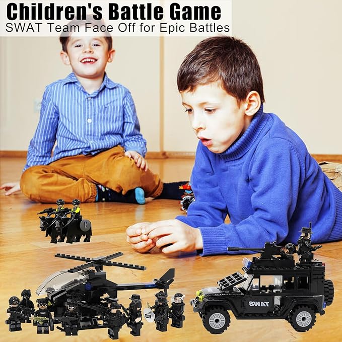 SWAT Set with 12 SWAT Officers 2 Mounted Police with Horse – 1 Helicopter 1 Armored SWAT SUV Vehicleand 2 MotorcycleSafe &amp Durable ABS – Great Gift for Kids Boys and Collectors