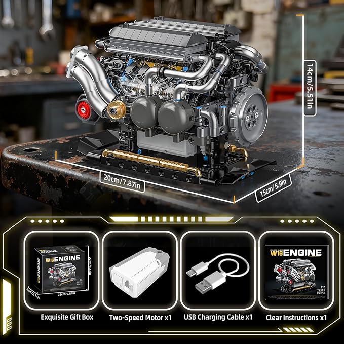W16 Engine Building Blocks Set for Adults STEM Mini 16-Cylinder Engine Model Kit That Runs Compatible with Lego Car DIY Physical Science Experiment Toy for Teens Boys 8-14+ (801 PCS)