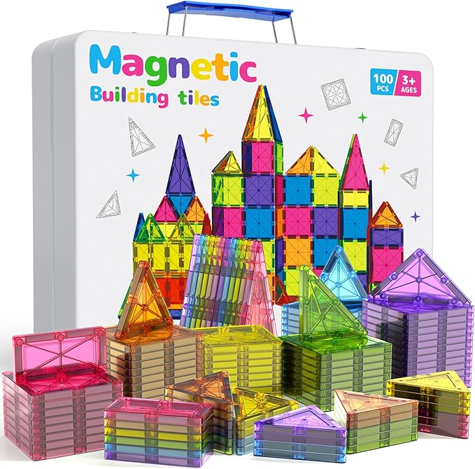 100Pcs Premium Magnetic Tiles Toys Set with Sturdy Iron Case STEM Educational Building Blocks for Kids Ages 3-5 4-8 Montessori Sensory Toys Creative Birthday Gifts for Toddler Boys &amp Girls