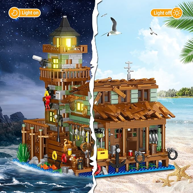Fishing Village Store House Building Set with LED Light 1881 PCS Wood Cabin Mini Building Block STEM Architecture Toys Kit Birthday Gift for Adults Ages 8-12+ Years（Not Compatible with Set ）