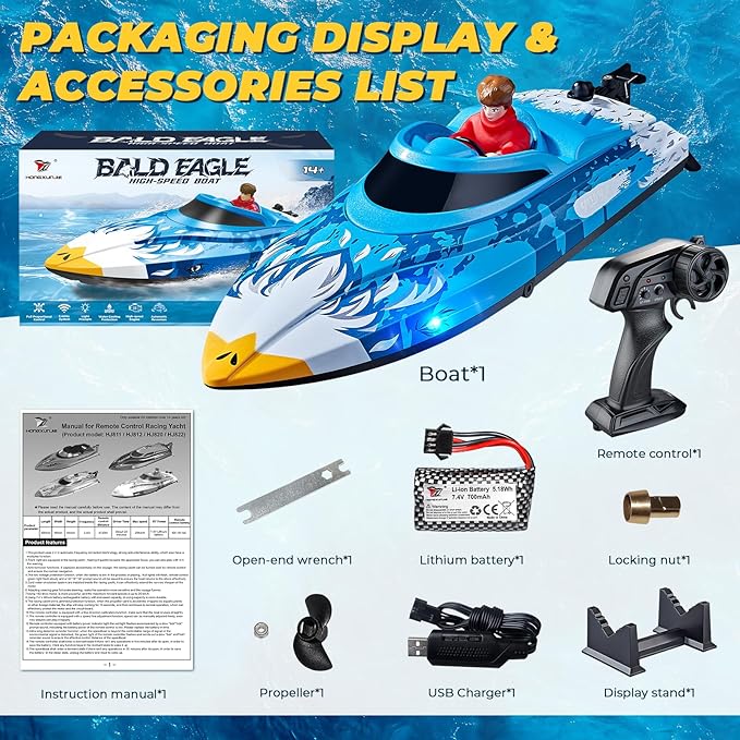 25KMH RC Remote Control Boat with LED Lights Self-Righting Low Battery Alert 2.4GHz with 800 mAh Lithium battery Waterproof Electric Fast Speed Boat for Pool &amp Lake Toy for Boys Girls Blue