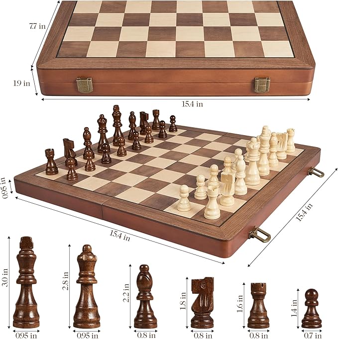 15 Wooden Chess Set with Magnetic Pieces - Extra Queens - Folding Chessboard Portable Travel Tournament Chess Board Games for Adults Kids