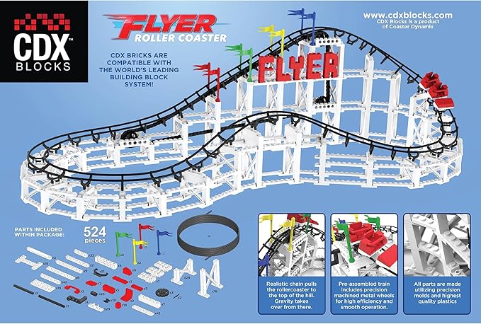 CDX Blocks: Flyer - 539 Pieces Building Brick Set Gravity Powered Roller Coaster Model Promotes STEM Learning