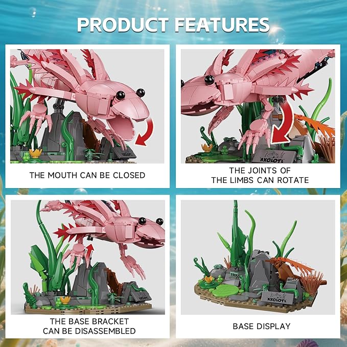 Axolotl Building Set Compatible with LEGO Animals 998 PCS Marine Animal Building Kit with Movable Joints &amp Display Base STEM Building Toy Gift for Adults &amp Teens 14+ Creative Gift Desk Dec