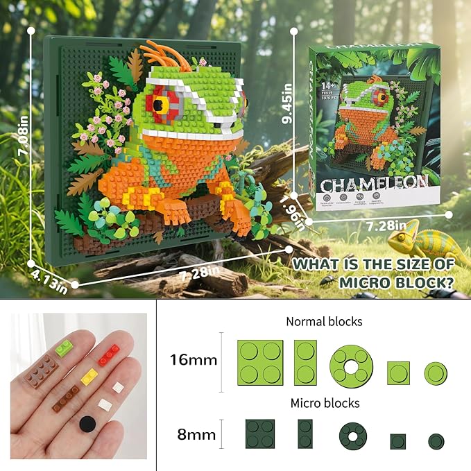 Chameleon Animal 3D Wall Art Micro Mini Building Blocks Set Unique Home Wall Decor or Table Display No Compatible with Lego Ideal Gift Toy for Adults &amp Boys Girls 14+ (1376 PCS)