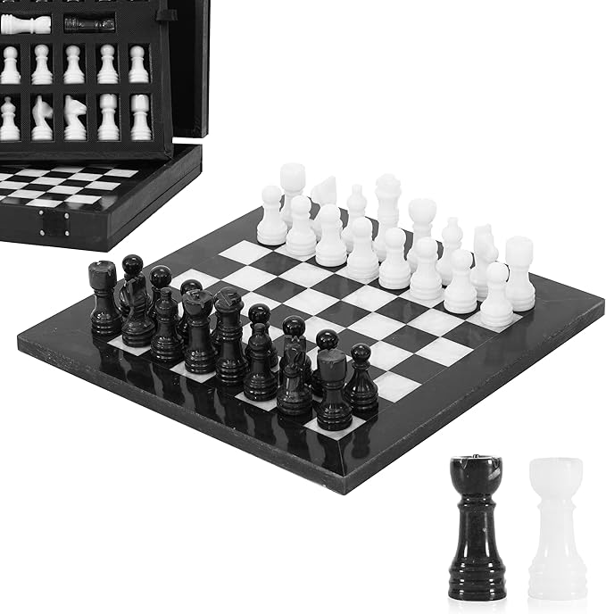 Marble Chess Set for Adults 10 Handmade Black &amp White Board Game with 32 Chess Pieces 2 Extra Queens &amp Storage Box Luxury Travel Game Elegant for Home Decor
