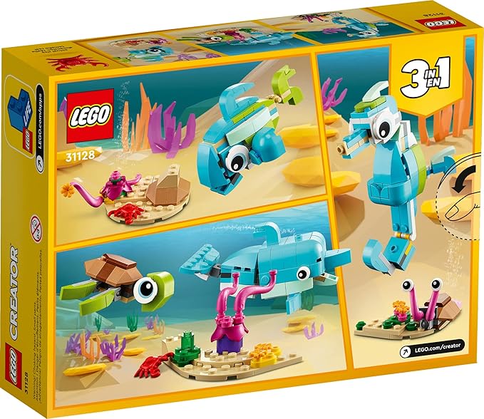 LEGO Creator 3 in 1 Dolphin and Turtle Toys for Kids Transforms to Seahorse and Sea Snail or to Swimming Fish and Crab Toy Sea Animal Figures Building Set for Kids 6 Plus Years Old 31128