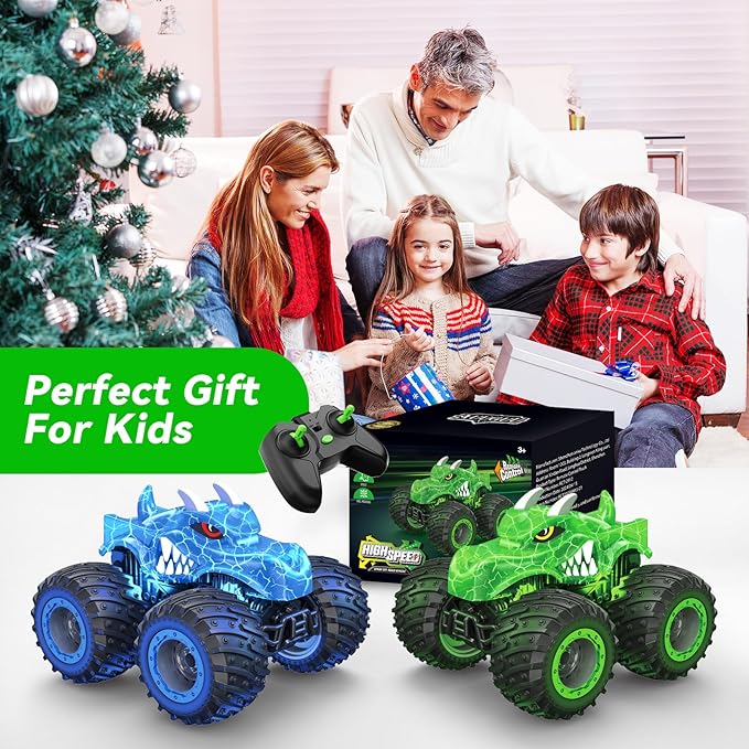 Remote Control Car 2.4GHz Monster Trucks Toys with Light Spray Birthday Gift for Kids 3 4 5 6 7 8 All Terrain RC Cars Toddler Toys for Boys Girls 3+ Year Old (Dinosaur-Green)