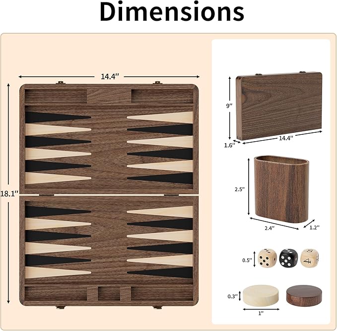 Luxury Walnut Backgammon Set - Wood Board with Travel Case Doubling Cube