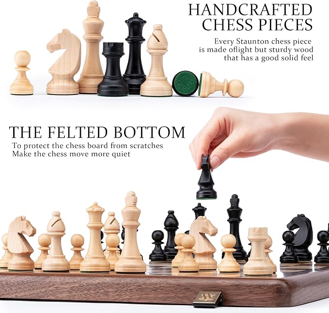 A&ampA Premium Folding Chess Board Game Set 15 Wooden Chess Board &amp 3 King Height Staunton Chess Pieces with 2 Extra Queens Portable Travel Chess Set (Natural Walnut 15 Inches)