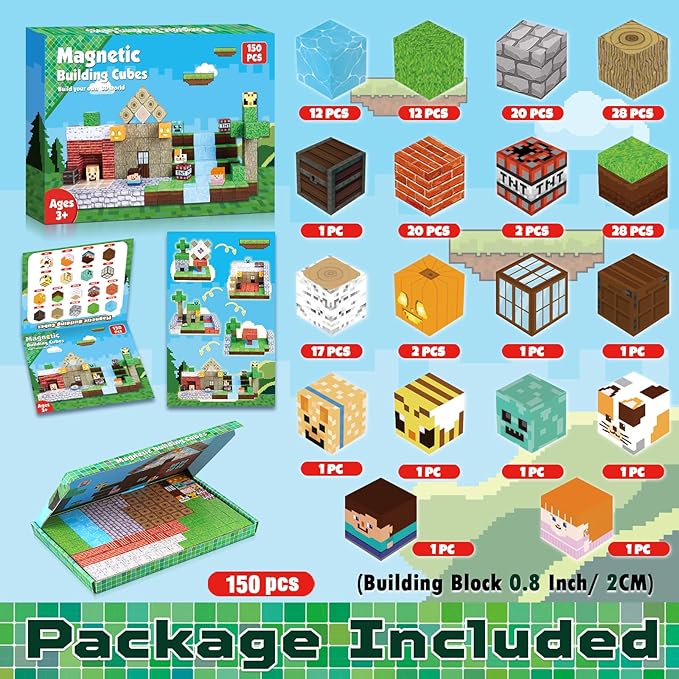 150PCS Magnetic Blocks - Magnetic Building Blocks Magnet Cubes Toys Stacking Build Forest World Set STEM Montessori Sensory Toys for Kids Boys Girls Ages 3 4 5 6 7 8 9 10 Easter Birthday Gifts