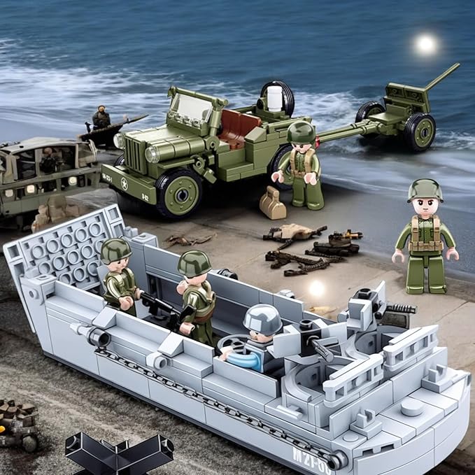 General Jim's WW2 Landing Craft Higgins Boat Building Blocks Set – 325 Pieces with Military Jeep &amp Rotating Figures – Compatible with All Major Brick Brands – Historical WW2 Model Set
