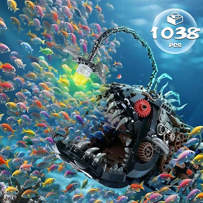 Mechanical Lantern Fish Building Sets for Adults Compatible with Lego Creative Ocean Animal Toy for Home Office Decor STEM Gift for Boys 8-14