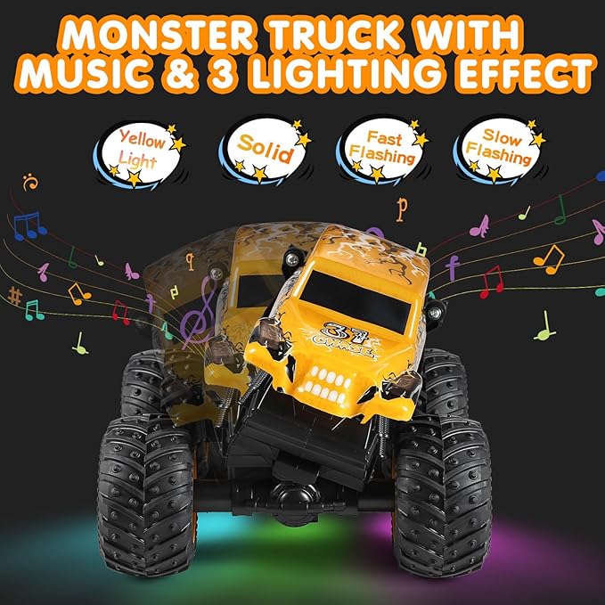 DYODYORC Remote Control Car 2.4Ghz All Terrain Monster Truck Toys RC Truck with Music 3 Lighting Effects 360 Stunt Capable 2 Batteries Ready to Run Toy Gifts for Boys and Girls (Yellow)
