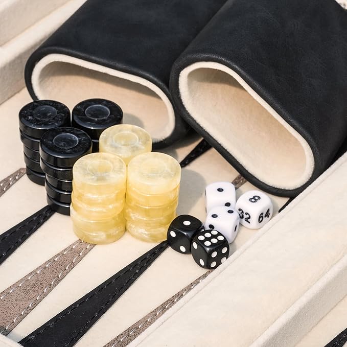 Backgammon Sets for Adults Classic Board Game with Folding Faux Leather Backgammon Case Portable Travel Backgammon Game Set (Black)