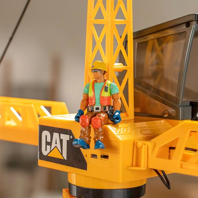 Cat Construction Workforce Jumbo Tower Crane Set 50-Inch RC Crane Toy with 360-Degree Rotation Hook and Wrecking Ball Light Skid Steer and 4 Figure USB Rechargeable Ages 5+