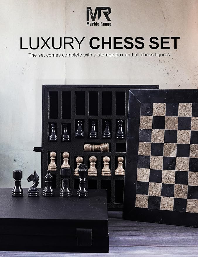 Marble Chess Set for Adults 12 Handmade Black &amp Oceanic Board Game with 32 Chess Pieces 2 Extra Queens &amp Storage Box Luxury Travel Game Elegant for Home Decor